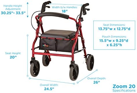 NOVA Medical Products Zoom Rollator Walker with Seat Height, 20 Inch, Red, 1 Count