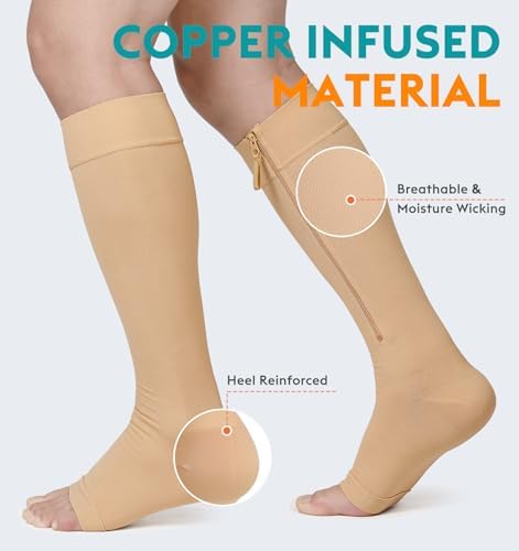 NURCOM Copper Compression Socks Open Toe Knee High Stockings, 20-30 mmHg Graduated Zipper Compression Socks for Varicose Veins, Venous Insufficiency, Lymphedema, Swelling, Unisex, Beige X-Large