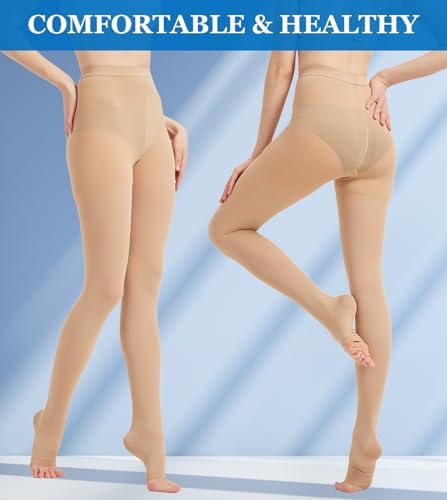 MGANG Medical Compression Pantyhose for Women & Men, 15-20mmHg Graduated Compression Support Tights, Open Toe, Opaque Waist High Compression Stockings for Edema, Varicose Veins, Flight, DVT, Beige XXL