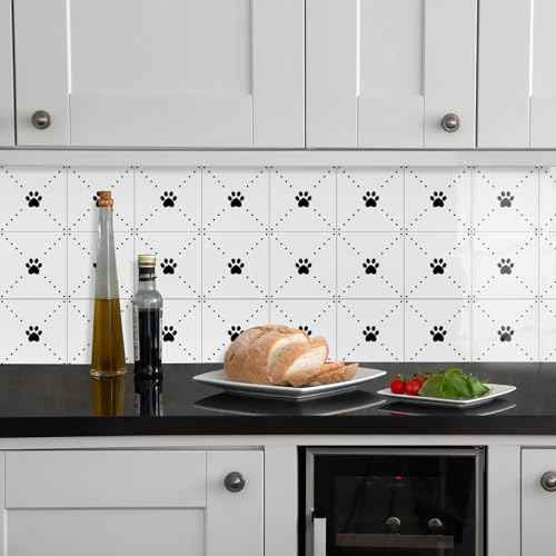 Peel & Stick Tile Stickers 12 PCS Self Adhesive Backsplash Decorative Wall Stickers for Kitchen Bathroom Tile Decals Waterproof & Removable 6" x 6" (Black Paw)