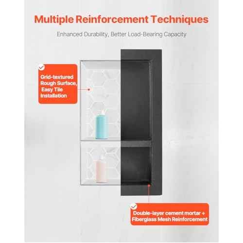 VEVOR Shower Niche, 16 x 28 x 4 inch Recessed Wall Niche with Movable Divider Shelf, Modern Soap & Shampoo Storage Organizer, Square Corners, Sealed Waterproof Design, Black for Bathroom Shower