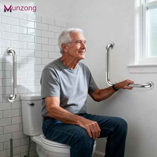 16 Inch Anti Slip Angled Shower Grab Bars with Munzong 20 Inch Stainless Steel Bathroom Grab Bar Brushed Nickel Toilet Handicap Grab Rail Knurled Safety Handle Support Elderly Injury Senior Bath