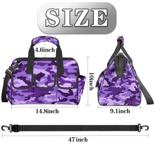 Purple Camouflage Tool Bag for Men Women Multi-Pockets Wide Mouth Tool Storage Bags 14.8 Inch Waterproof Heavy Duty Tool Bag Organizer for Electrician Mechanic Plumbers Handymen