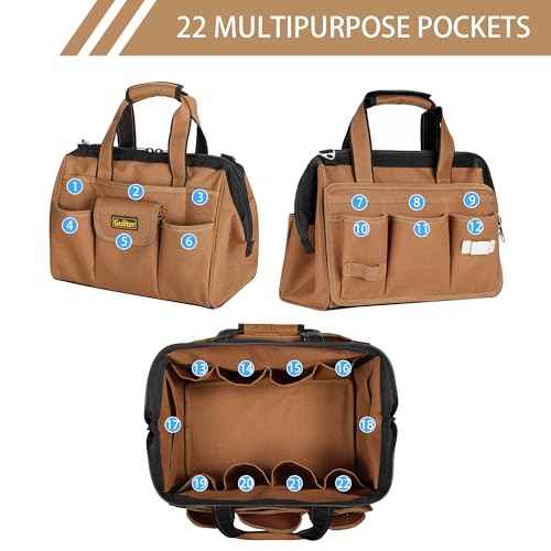 14 Inch Heavy Duty Tool Bag,22-Pocket Wide Mouth Soft Tool Box Organizer,Detachable Tool Belt Pouch with Adjustable Shoulder Strap and Waist Belt,Multifunction Carrying Toolbag for Men/Women