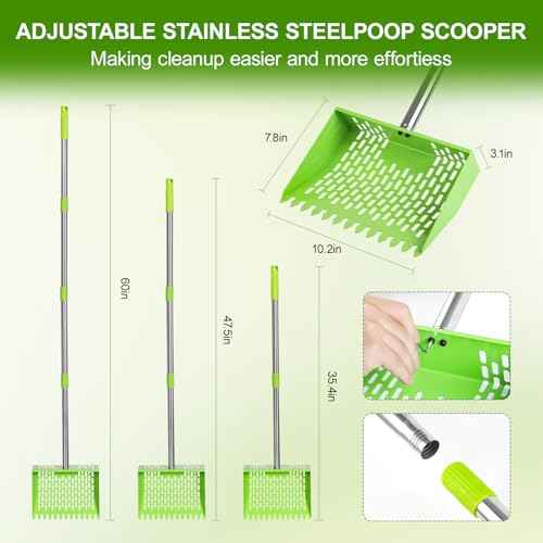 Chicken Poop Scooper & Rake 2-in-1,10" Wide Metal Sand Sifting Shovel with Grip,Adjustable Stainless Steel Handle,Cleaning Tools for Chicken Coops & Farm Animals Scoop (Green)