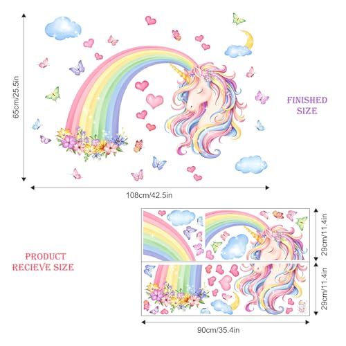 Rainbow Unicorn Wall Decals Rainbow Flowers Butterflies Clouds Hearts Unicorn Wall Stickers Baby Nursery Girls Bedroom Daycare Wall Decor