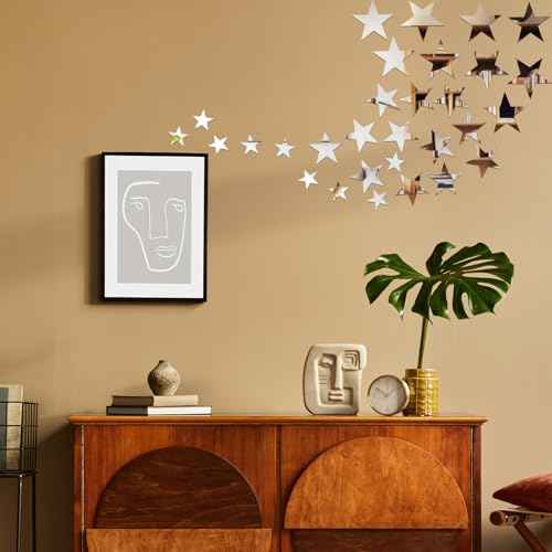 80 Pcs Silver Stars Acrylic Mirror Wall Stickers with Adhesive Art Decal Satin Paper Baby Kids Bedroom Home DIY Decor Removable Stickers
