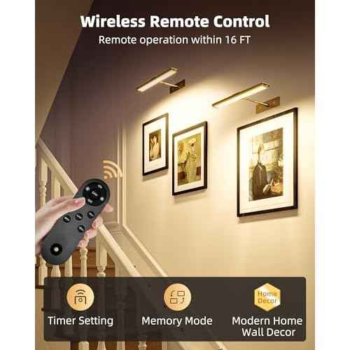 EZVALO Picture Light for Wall, 4800mAh Rechargeable Wireless Remote, Dimmable Magnetic LED Art Display Light with 3 Color Temperatures, for Gallery, Living Room, Bedroom, Hallway (Gold-2Pack)