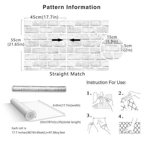 Cohoo Home Brick Wallpaper Peel and Stick Contact Paper 787inL 18inW Faux 3D Brick Contact Paper for Walls White Gray Grey Self Adhesive Removable Wallpaper Backsplash Bedroom Wall Sticky Waterproof