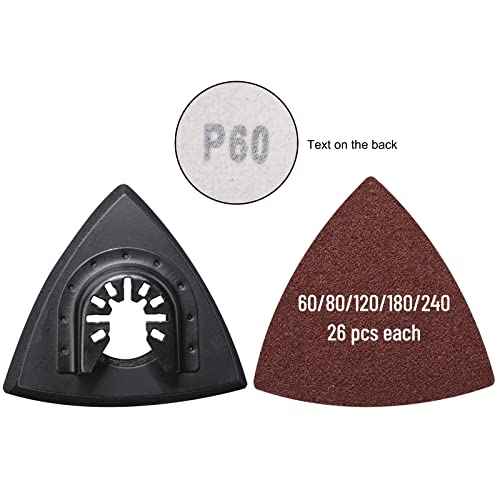 136Pcs Oscillating Tool Sanding Pad Kit, Contains 6Pcs Triangle Sanding Pads and 130Pcs Multitool Sandpaper, 60 80 100 120 240 Grits Oscillating Multi Tool Sandpaper Great for Wood&Plaster Polishing