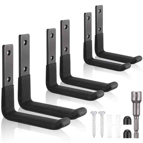 Heavy Duty Ladder Hooks for Garage Wall Storage - 6-Pack Metal J-Hooks, Utility Hangers for Ladder, Shovel, Tools (50 lb Capacity)