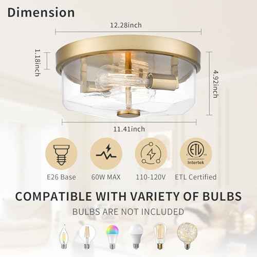 Gold Flush Mount Ceiling Light, 2-Light Hallway Light Fixtures, Modern Farmhouse Farmhouse Ceiling Light Clear Glass Brushed Gold Finish for Kitchen Porch Entryway
