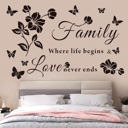 Family Wall Decor Stickers, Black Floral Quote Wall Decal Vinyl Sticker for Living Room, Bedroom, Kitchen, Dining, Office, Glass Surface
