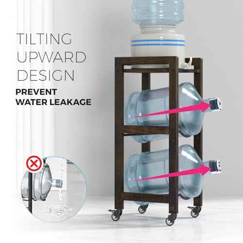 3-Tier 5 Gallon Water Jug Holder with Top Shelf ? 4 Metal Wheels or Adjustable Feet ? Natural Hardwood Water Dispenser Floor Stand ? Wooden Organizer for Kitchen, Office, Garage ? Space-Saving Design