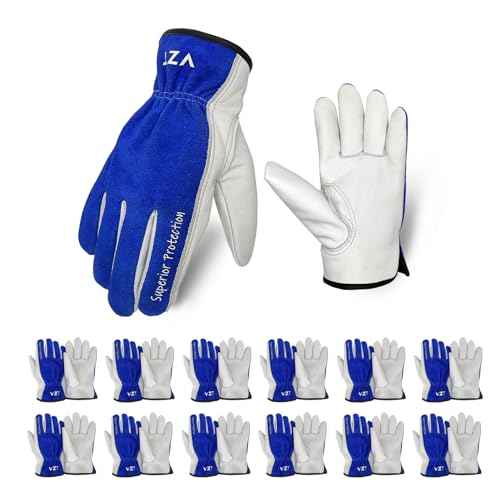 12 Pairs Bulk Leather Work Gloves for Men or Women for Construction, Wood cutting, Driving, Gardening, Automotive Repair