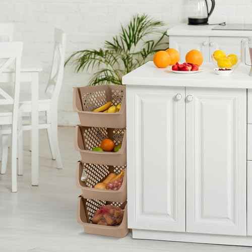Plastic Stackable Storage Bins - 4pc Tan Closet Organizer Bins 28in Tall Big Plastic Boxes for Home and Kitchen