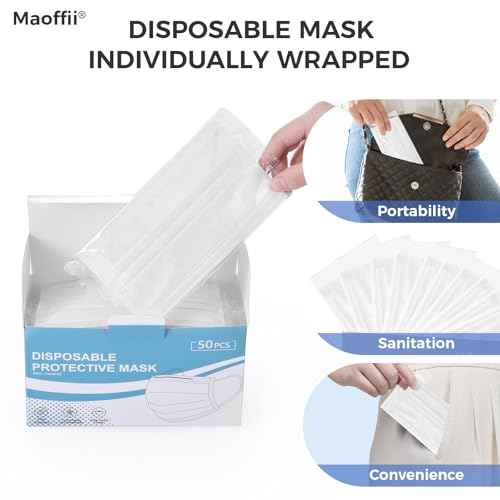 Individually Wrapped Disposable White Mask for Adults Men Women Teen Boys Girls 3-Ply Filter Protection Breathable Soft Face Cover with Longer Earloops 50 Pack Latex-free Large