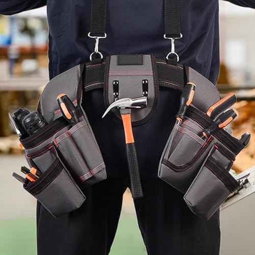 Professional Tool Belt for Men,Tool Belts with Suspenders,Magnetic Tool Pouch, Adjustable Utility Belt Tools Organizer, Heavy Duty Construction Work Bags Tool Pouch for Electrician, Carpenter