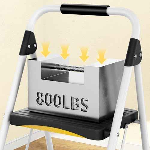 3 Step Ladder, Folding Steel Step Stool with Safety Lock, Anti-Slip Wide Pedals, Pass 800lbs Load Testing, Handrail, Heavy Duty Portable Ladder for Multi-Purpose, Indoor, Office, Kitchen