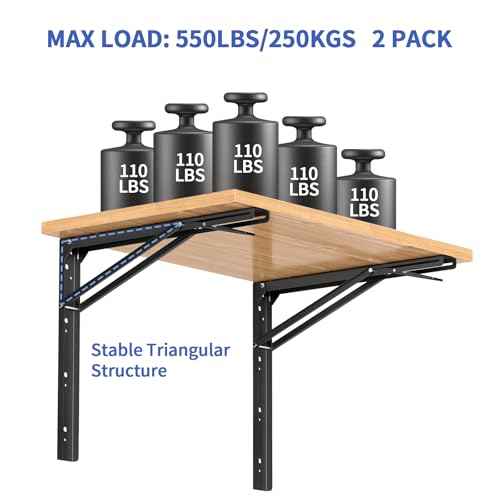 LSK 24 Inch Folding Shelf Brackets, Heavy Duty Collapsible Shelf Bracket Max Load 550LBS, Wall Mounted L Table Brackets for Garage Bench Table, Space Saving DIY Black Folding Bracket, Pack of 2