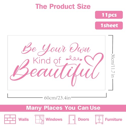 PLIGREAT Pink Inspirational Quote Wall Stickers Be Your Own Kind of Beautiful Quote Peel and Stick Wall Decal for Women Bedroom Living Room Beauty Salon Decor DIY Home Indoor Decoration