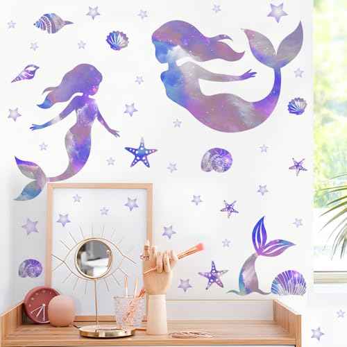 Mermaid Wall Decals Glow in The Dark Mermaid Star Decal Under The Sea Wall Stickers for Nursery Bedroom Bathroom Mirror Wall Decor