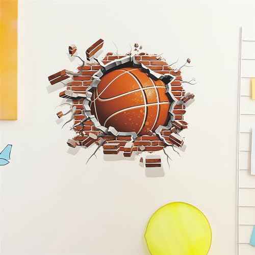 Broken Wall Basketball Wall Stickers, sacinora 3D Sport Wall Decals Brickyard Removable Vinyl Peel and Stick for Kids Teens Boys Bedroom Nursery Playroom Art Home Decorations