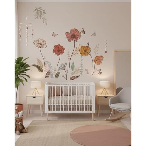 Boho Wall Stickers, Flower Wall Decals, Boho Decor Art for Bedroonm Living Room Nursery Stickers & Murals, Wildflower Floral Themed Decals Peel and Stick
