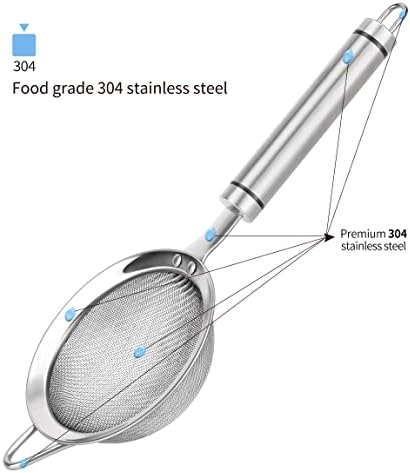 3.35inch 304 Stainless Steel Fine Mesh Strainers for Kitchen, Colander-Skimmer with Handle, Metal Sieve Sifters for Food, Rice, Oil, Noodles, Fruits, Vegetable, Tea Strainer