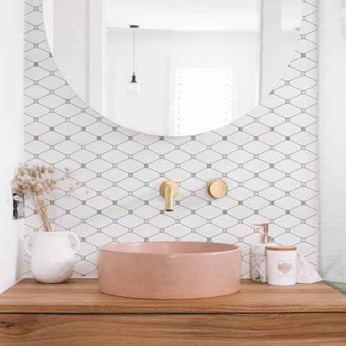 STICKGOO 10 Sheets Peel and Stick Backsplash, Pure White Marble Look PVC Mixed Metal Gold Kitchen Backsplash, Stick on Backsplash Wall Tiles for Kitchen, Bathroom, RV