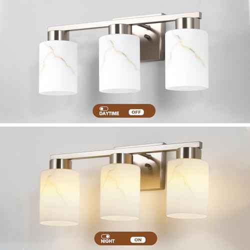 3-Light Bathroom Light Fixtures, Modern Vanity Lights, Brushed Nickel Metal Wall Lamp with White Marble Glass for Bathroom, Mirror, Living Room, Bedroom, Cabinet, Porch, Hallway, E26 Base