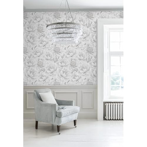 GloryTik Floral Peel and Stick Wallpaper Boho Grey and White Contact Paper Modern Self Adhesive Removable Wall Paper for Bedroom Bathroom Cabinets Renter Friendly Wallpaper Vinyl Roll 17.3" X 197"