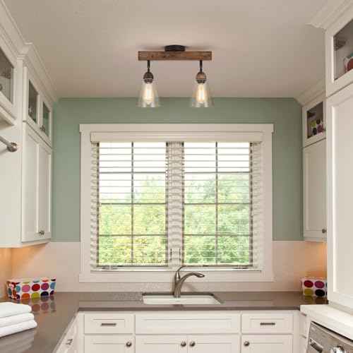 2-Light Rustic Farmhouse Glass Track Flush Mount Ceiling Light Fixture Mini Clear Seeded Glass Shade and Oak Wood Semi Flush Mount Ceiling Light for Kitchen Bedroom Hallway Entryway Sink