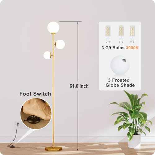 Floor lamp with 3 Frosted Glass Shades,Stangding Lamp Floor Lamps for Living Room Bedroom Office with 3 led Bulbs,Tall lamp with Foot Switch (Gold)