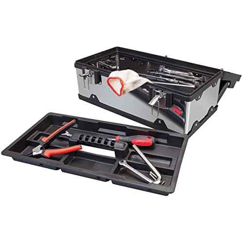 Torin 19-Inch Tool Box Storage Organizer Stainless Steel&Plastic Portable Toolbox with Long Handle and Removable Tray for Home Garage Workshop,A5519BB