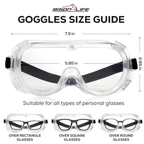 BISON LIFE Clear Anti-Fog Safety Goggles, Chemical Splash Resistant, Adjustable Strap, Anti-Scratch Eye Protection Glasses