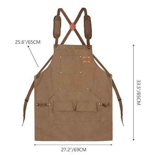 Tosewever Work Aprons for Men with Large Pockets, Canvas Cross Back Heavy Duty Adjustable Tool Aprons for Chef Cooking BBQ