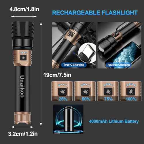 Rechargeable Flashlight High Lumens - 10000LM Powerful Tactical Flashlights with 4 Modes Zoomable LED Flashlight Waterproof Brightest Flash Light for Emergencies Camping Hiking Outdoor C2