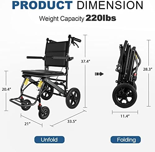 Transport Wheelchair Lightweight Foldable, Extra-Large Spring Shock Absorbers,All-Terrain Transport Chair, Upgraded Brakes Wheelchairs for Adults, Waterproof Travel Wheelchair