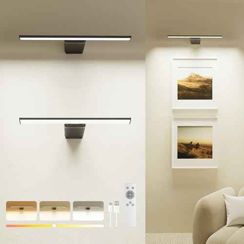 2 Pack Picture Light for Wall Rechargeable Art Light with Remote, 3 Colors & 5 Brightness Levels, 12000mAh Battery Operated Lights for Pictures,Painting,Gallery, Bedroom, Hallway, Frame, Living Room