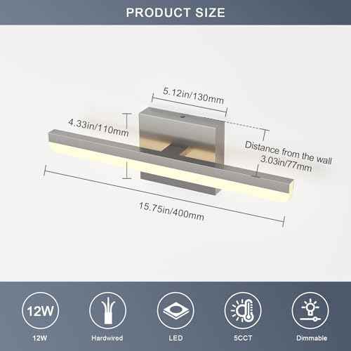 LED Modern Bathroom Light Fixtures 12W Brushed Nickel Vanity Lights Bar 5CCT Dimmable ixture Over Mirror Vanity Light for Bathroom Lighting 15.7 inch ETL Certificated