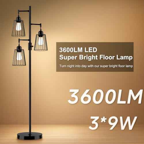 PESRAE Dimmable Industrial Floor Lamp, Farmhouse Floor Lamp Standing Lamp with 3 Elegant Teardrop Cage Heads & Included 3 x 1200LM Edison LED Bulbs, Tall Lamp for Living Room, Bedroom (Matte Black)
