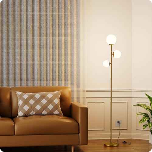 Floor lamp with 3 Frosted Glass Shades,Stangding Lamp Floor Lamps for Living Room Bedroom Office with 3 led Bulbs,Tall lamp with Foot Switch (Gold)