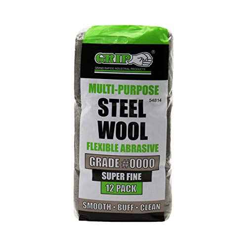 Grip Multi-Purpose Steel Wool Flexible Abrasive 12 Pack (Very Fine #0000) - Smooth Lacquer, Varnish, Shellac, Polyurethane - Buff Furniture or Woodworks to High Luster - Home, Garage, Workshop