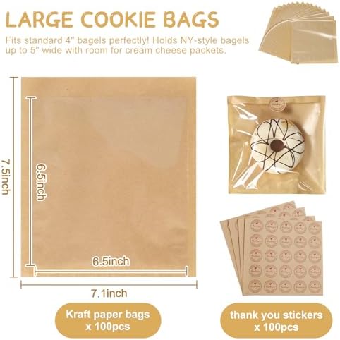 SUREHOME Paper Sandwich Bags 100 Pcs 7.1 X 7.5 In Kraft Brown Paper Bags with Window Individual Heat Seal Bakery Bag with Sticker Cookie Bag for Party Favors Snacks Treats Bread Baked Goods Packaging