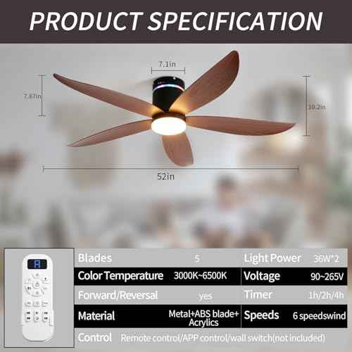 Carrefour 52" Flush Mount Ceiling Fans with Lights and Bluetooth Speaker, RGB Mood Lighting, 6-Speed Reversible DC Motor, Dimmable LED, Remote Control & Timer for Bedroom, Living Room, Dining Room
