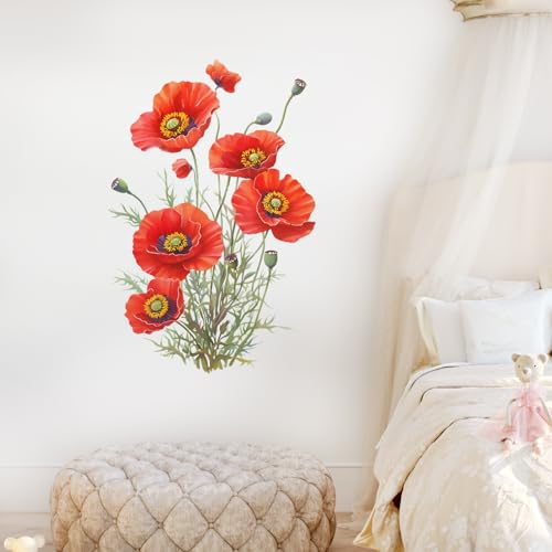 Red Poppy Wall Decals Removable Blooming Flower Vinyl Stickers for Nursery Living Room and Bathroom Botanical Decor Peel and Stick Wall Art for Feminine