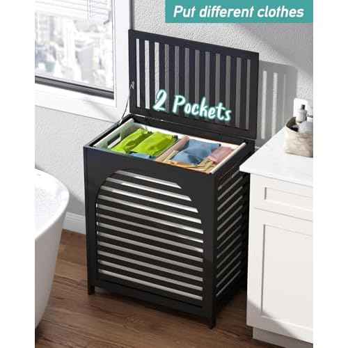 Black Laundry Hamper, Laundry Hamper with Lid, 27.3 Gallon (103L) Bamboo Wood Clothes Laundry Basket with Lid and Handles, Removable Liner