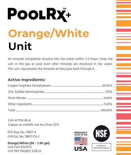 PoolRx+ Mineral Algaecide Unit, up to 6-Month Algae Control, for 5K-7.5K gallons, Orange & White, New Formula with Silver.