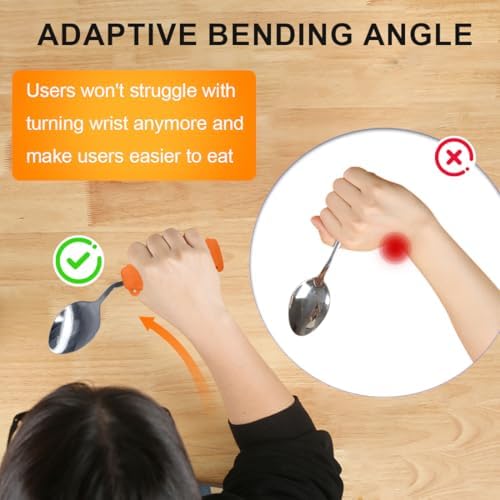 Adaptive Utensils,Curved Angled Spoon and Fork Set,for Tremors Parkinsons Limited or Elderly,Lightweight Cutlery with Non-Slip Easy Grip Handles (Right Hand Spoon and Fork Set,Pack of 2,Orange)